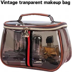 New Retro Vintage Vanity Bag, Large Capacity Makeup Organizer for Women, Ladies Travle Storage Case, Waterproof Transparent Toiletry Bag, Portable Skincare Storage Case (Brown)