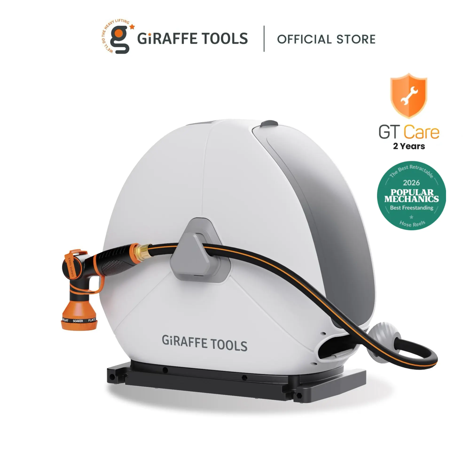 [SummerFinds] Giraffe Tools Ground-Mounted Renter friendly 5/8in 1/2in 82ft-130ft Wall Protect Retractable Hose Reel  for Home 9 Nozzle 360° Swivel Durable Any Length Lock Stable Auto Rewind System For Anywhere Anytime, 2 years warranty, SummerWins