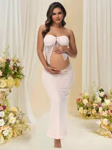 ELLIOTTWII Maternity Lace Bandeau & Hollow Out Skirt 2 Pieces Set, Suitable For Photoshoot And Baby Shower Spring