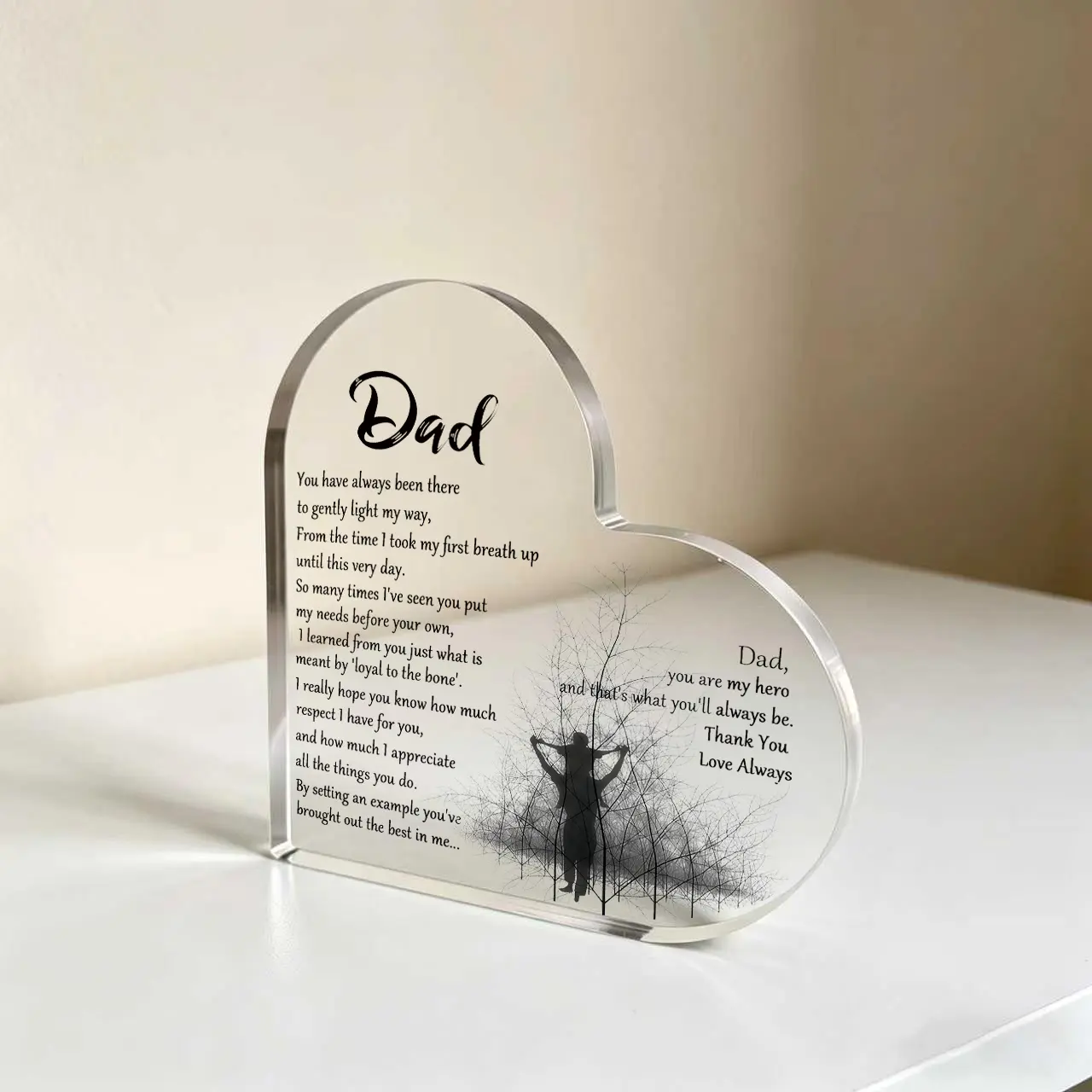 Acrylic Heart Plaque Sign, Father's Day Dad Gift from Son with Thankful Quote & Blessed Wish, Home Table Centerpiece Memorial Decor, Acrylic Plaque Sign