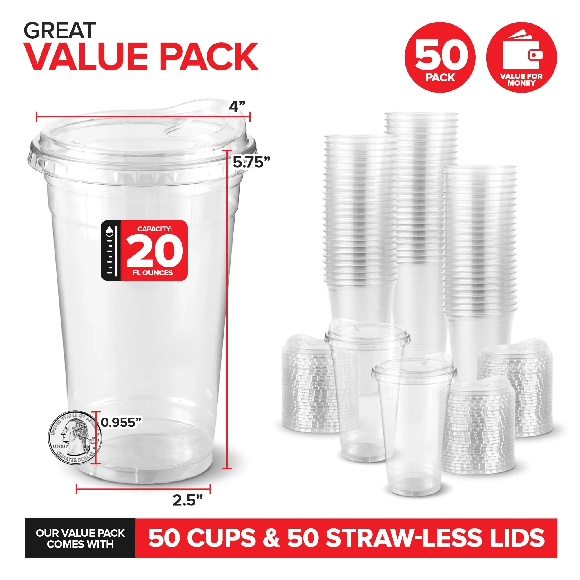 20 oz Clear Plastic Cups with Lids Disposable, Togo Drinking Cup with  Strawless Sip Lid for
