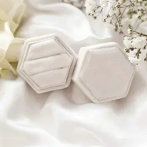 1pc Hexagonal Double-slot Velvet Ring Box, Gift Jewelry Box, Elegant Keepsake Case For Engagement Rings And Wedding Band Sets, Proposal Marriage Ring Holder
