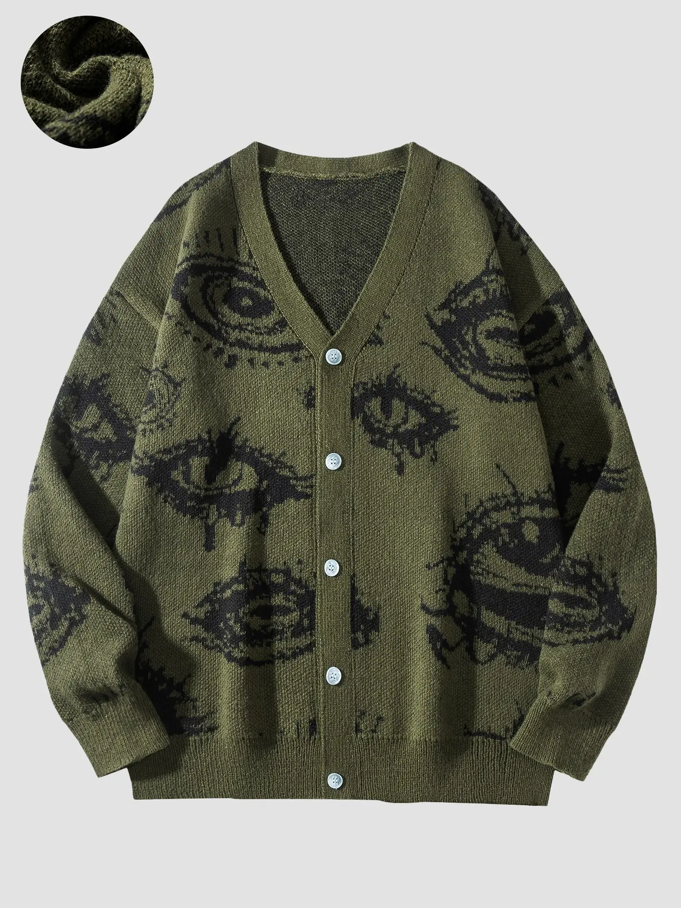 Men's Abstract Halloween Festive Eye Print Cardigan, V-Neck Fitted Knit Button-Up, Modern Graphic Design, Unisex Casual Streetwear Essential for Fall & Winter, Knitwear, Knitted