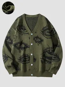 Men's Abstract Halloween Eye Print Cardigan, V-Neck Fitted Knit Button-Up, Modern Graphic Design, Unisex Casual Streetwear Essential for Fall & Winter, Knitwear, Knitted