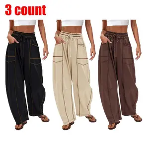 3 pcs Women's Barrel Sweatpants High Waisted Wide Leg Pants Drawstring Athletic Baggy Pants Lounge Sweats Colorblock Soft Fabric Comfortable Fit True to Size Vogue Design Basic Minimalist Bottom with PocketsGiftGift