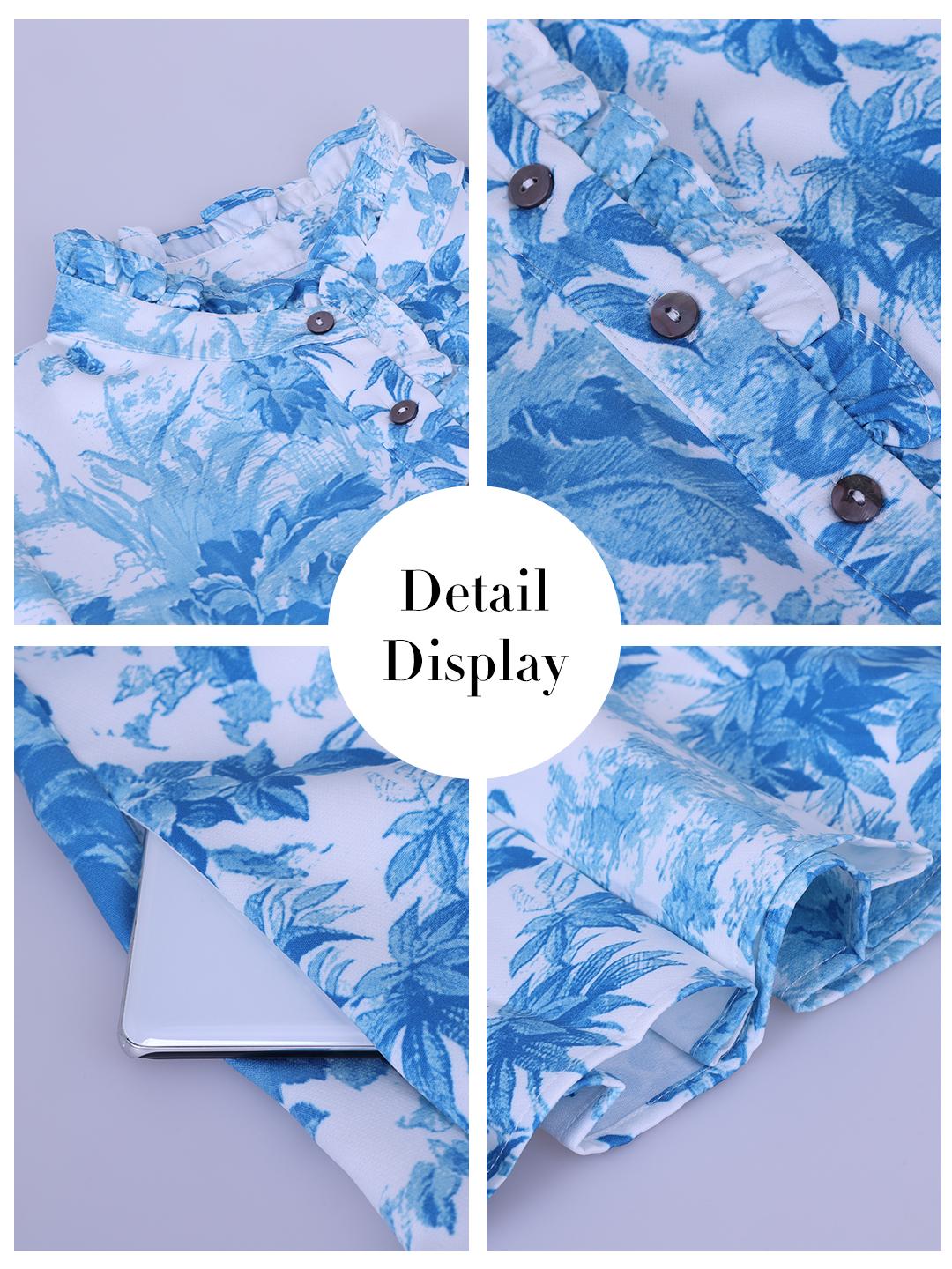 Women Floral Mini Dress Short Sleeve Stand Collar Button Up Elegant Work Swing Short Pleated Dress