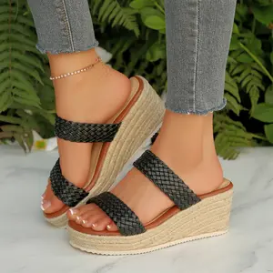 Slip On Wedge Sandals for Women Open Toe Comfortable Espadrilles Wedges - Braided Straps Dressy High Heel Summer Beach Slides Sandals