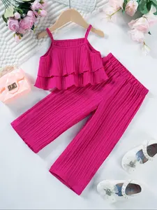 Toddler Girl's Textured Ruffle Layered Crop Cami Top & Elastic Waist Pants Set, Solid Sleeveless Spaghetti Strap Camisole & Straight Leg Trousers, Casual Summer Clothes for Kids Outdoor Holiday Beach, Clothing, Baby Girl Clothes
