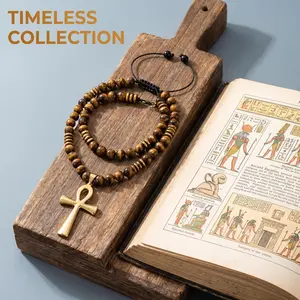Boho Natural Tiger Eye Beaded Ankh Amulet Necklace, Vintage Brass Egyptian Life Symbol Adjustable Neck Jewelry, Spiritual Healing Protection Crystal Layering Chain for Men Women