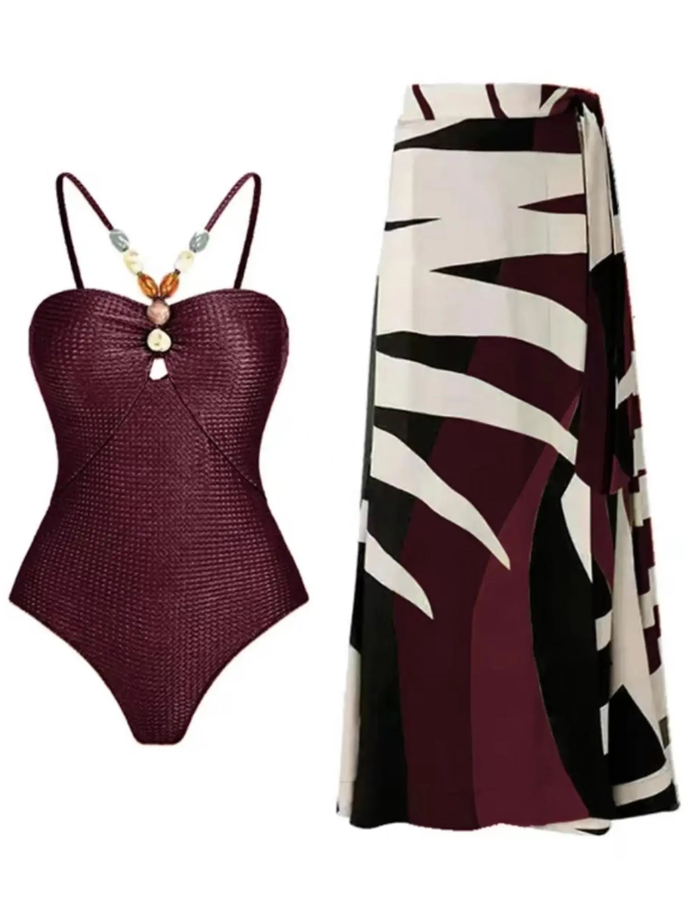 Two-piece Set Women's Beaded Decor Swimsuits Set, Boho Swimwear, Lace Up One-piece Swimsuit & All Over Print Beach Skirt Set, Summer Swimsuit Sets, Bathing Suits 2024 for Women, Ruched Swim Suits, Skirted Swimsuit