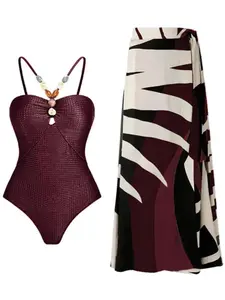 Two-piece Set Women's Beaded Decor Swimsuits Set, Casual Lace Up One-piece Swimsuit & All Over Print Beach Skirt Set, Summer Swimsuit Sets, Bathing Suits 2024 for Women, Swimsuit for Women, Swim Bodysuit, Ruched Swim Suits, Minimalistic Outfit