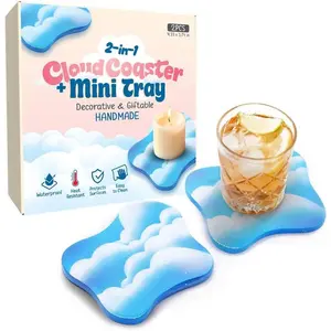 2-in-1 Cute Cloud Coaster & Mini Tray -  Pastel  Keeps Desks Clean & Cozy | , Heat Resistant, Easy to Clean Aesthetic  for Girls, Any Occasion