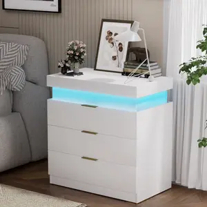 Modern Bedroom Bedside Table with Charging Station LED Lights Sliding Top Drawers 28.8W x 17D x 30.5H White End Side Table