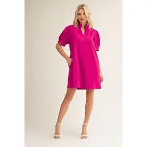 Jodifl Short Puff Sleeve Solid Shift Dress with Standing Collar