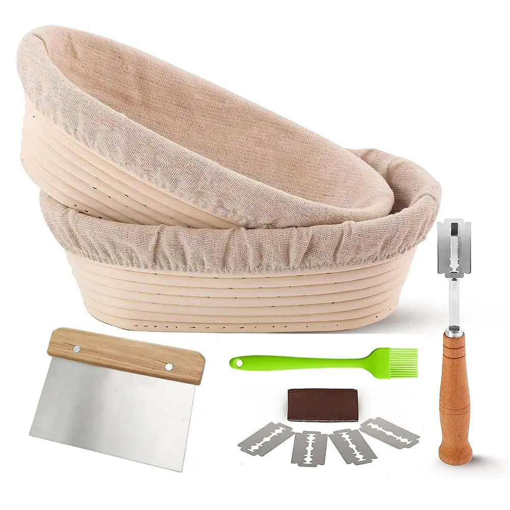 Set of 2 Oval 11" Bread Banneton Proofing Baskets with Liner Cloth, Bread Lame, and Dough Scraper - Sourdough Bread Baking Supplies Starter Kit - Sturdy, Bakeware  basket