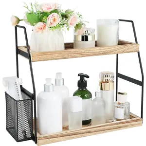 Bathroom Counter Organizer, 2-Tier Standing Storage Shelf with Basket,  Tray for Skincare Vanity Organizer