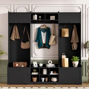 79.1'' Wide Modern Hall Tree with Shoe Storage, 4-in-1 Entryway Bench with 8 Cubbies, 7 Coat Hooks & Adjustable Shelf, MDF, Black/White Options, for Hallway, Mudroom, Living Room, Anti-Tip Kit Included, Black/White Color Options