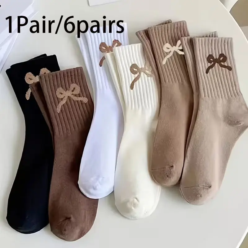 Women's High Compression Mid-Calf Socks - 1/6-Pair Assortment Set with Bow, Casual Daily, Athleisure, Cute Look, Hand Wash Only, Casual Daily Socks