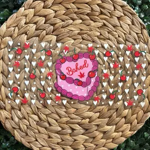 Pink Cherry Baked Cake UVDTF Wrap with Cherries and Hearts Design on Woven Background