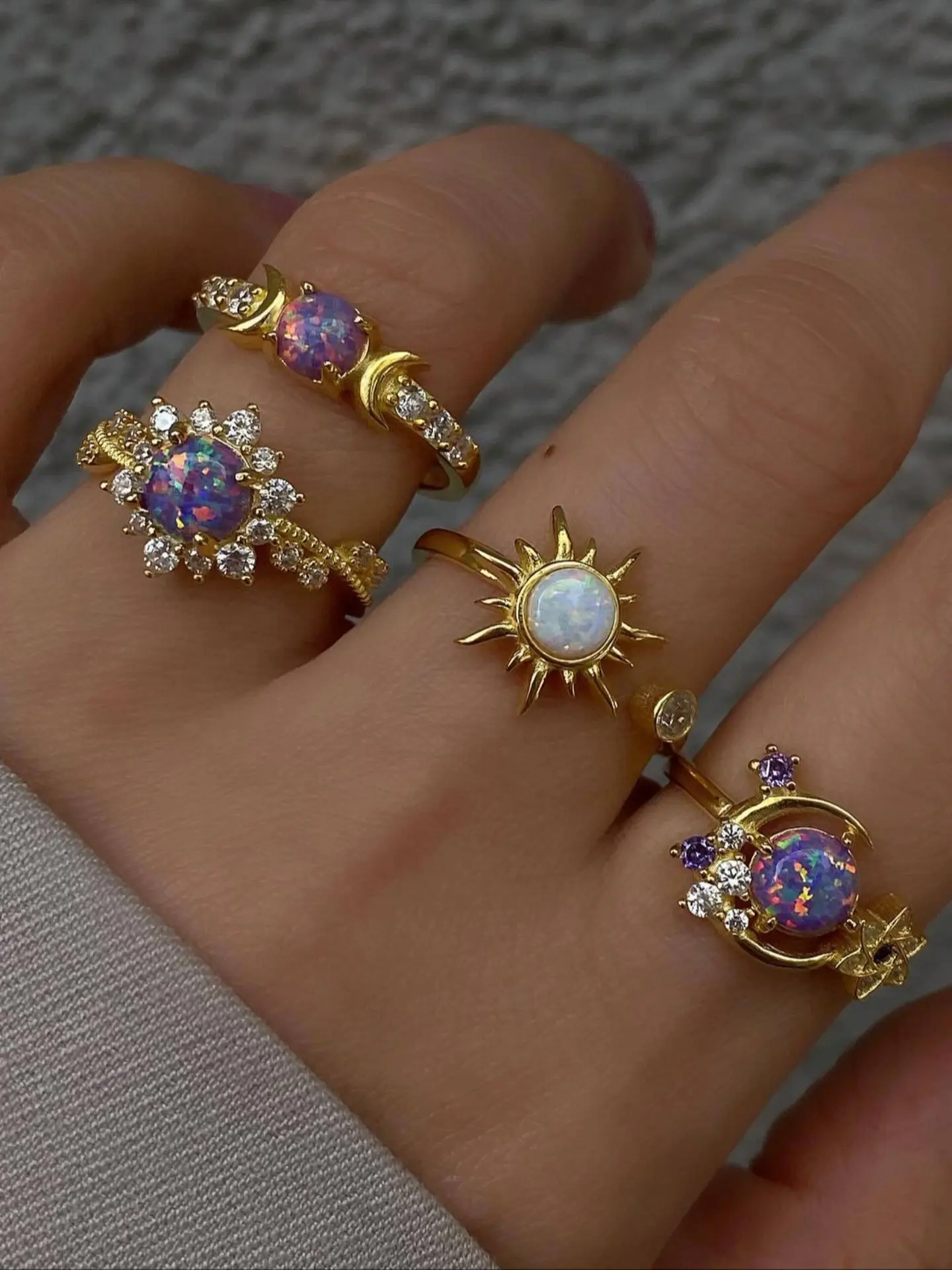 Fashionable Gemstone Ring Set, Sun Moon Diamond Accent Luxury Geometric Rings, High-End Style Jewelry for Women, Fashion Stackable Rings, Statement Rings, Stackable Finger Rings, Beautiful Rings