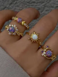 Fashionable Gemstone Ring Set, Sun Moon Diamond Accent Luxury Geometric Rings, High-End Style Jewelry for Women
