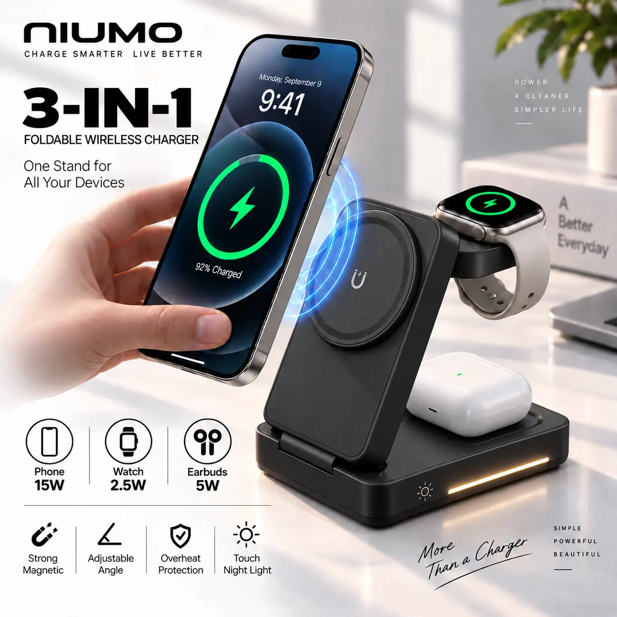 3 in 1 Foldable Wireless Charging Station, Qi2 Certified 15W Fast Mag-Safe Charger Stand for iPhone 17 16 15 14 13 12, Apple Watch, AirPods, Ideal for Travel Office Desk Accessories#Back To School,back to school haul Cellphone Smartphone sohochic