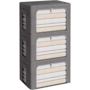 3Pack Foldable Storage Bins - Frame Storage Box Linen Fabric Stackable Clothes Container Organizer with Clear Window & Carry Handles Large Capacity (Medium-36L, Dark Gray)