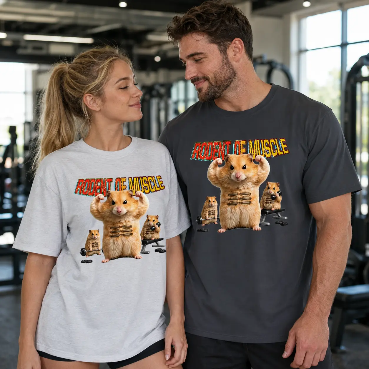 Fun fitness training T-shirt with creative pattern of furry hamsters Unisex style. Breathable, moisture-wicking, and sweat-absorbing
