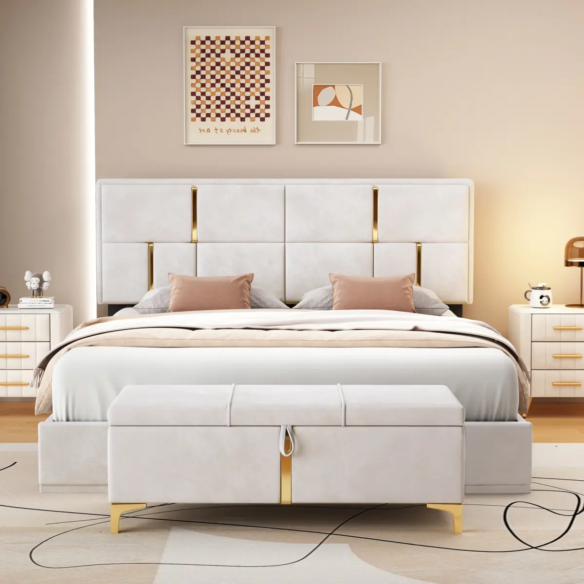 2-Pieces Bedroom Sets,Queen Size Upholstered Platform Bed with Hydraulic Storage System,Storage Ottoman with Metal Legs, Velvet Beige