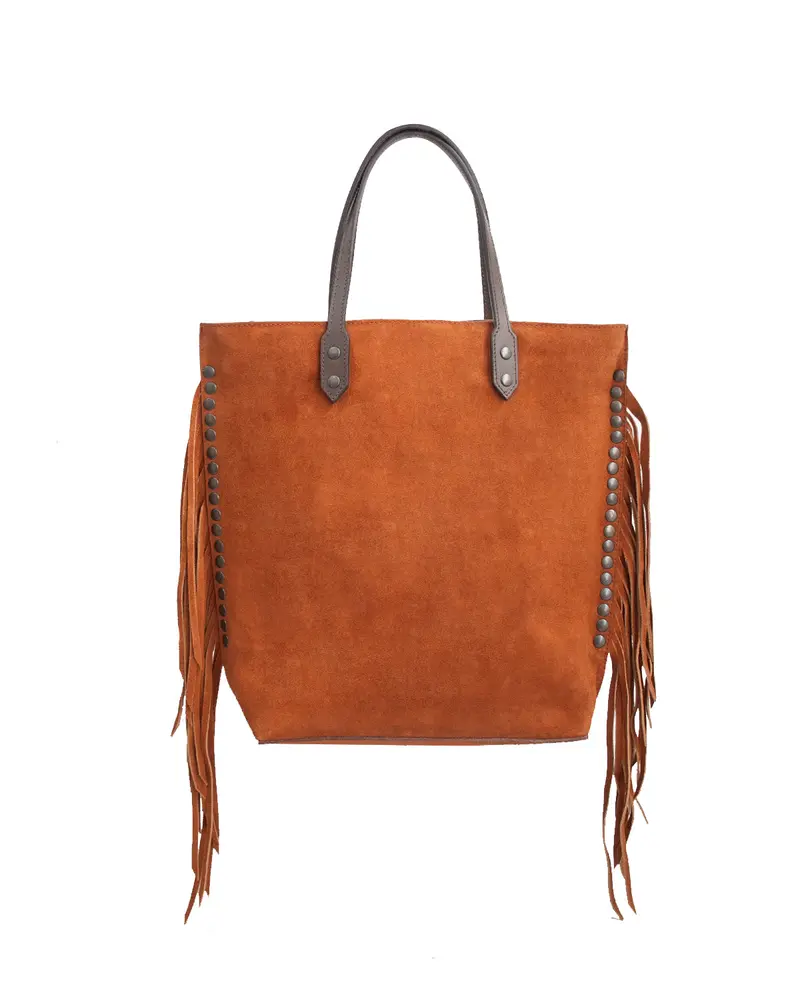 Chavela Studded Tote Bag with fringes: Soft Espresso Coffee