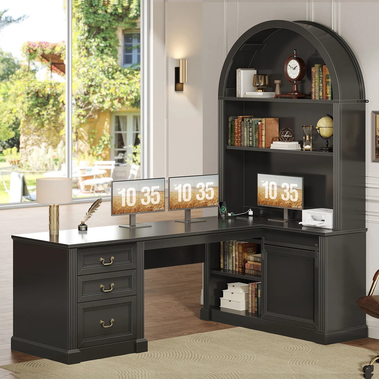 Sedeta Mid-Century L-Shaped Corner Computer Desk (67x21.7in) – L-Shaped Computer Armoire, Desk-Included Tech-Integrated Armoire, Tall Arched Bookshelf, 3 Smooth Gliding Drawers, Sliding Barn Door for Home Office, Computer Table