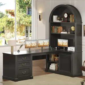 SEDETA 67 Inch L Shaped Desk with Tall Arched Bookshelf Mid-Century Office Computer Desk with 3 Drawers and Storage Shelves Corner Desk with Sliding Barn Door for Home Office