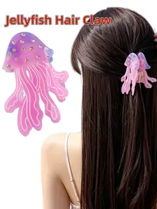 Women's Gradient Jellyfish Rhinestone Hair Clip, Ocean Style Acrylic Shark Clip, Cartoon Heart Hair Claw, Strong Hold, Comfortable Wear, Tropical Hair Accessories
