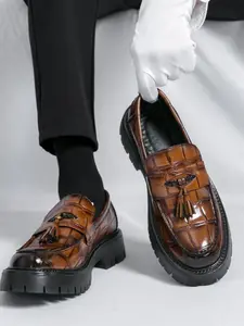 Men's Business Fashion Crocodile Embossed Tassel Design Loafers, Formal Occasion Elegant Comfortable Loafers Shoes, Fashionable Shoes for Daily Wear, Low Top Shoes