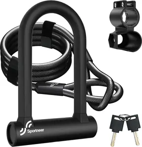 Sportneer Bike Lock: Heavy Duty anti Theft Bike U Lock with 5Ft Security Steel Cable - 17Mm Shackle Bicycle U-Locks with Keys & Sturdy Mounting Bracket for Road, Mountain, Electric & Folding Bike Sportneer