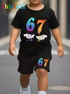 Boys' Youth Junior Clothing Set, Gradient Number 3D Print, Cool Comfortable New T-Shirt Shorts Two-Piece Set, Summer Outdoor Athletic Sports Casual Round Neck Short Sleeve Top, Sportswear Set