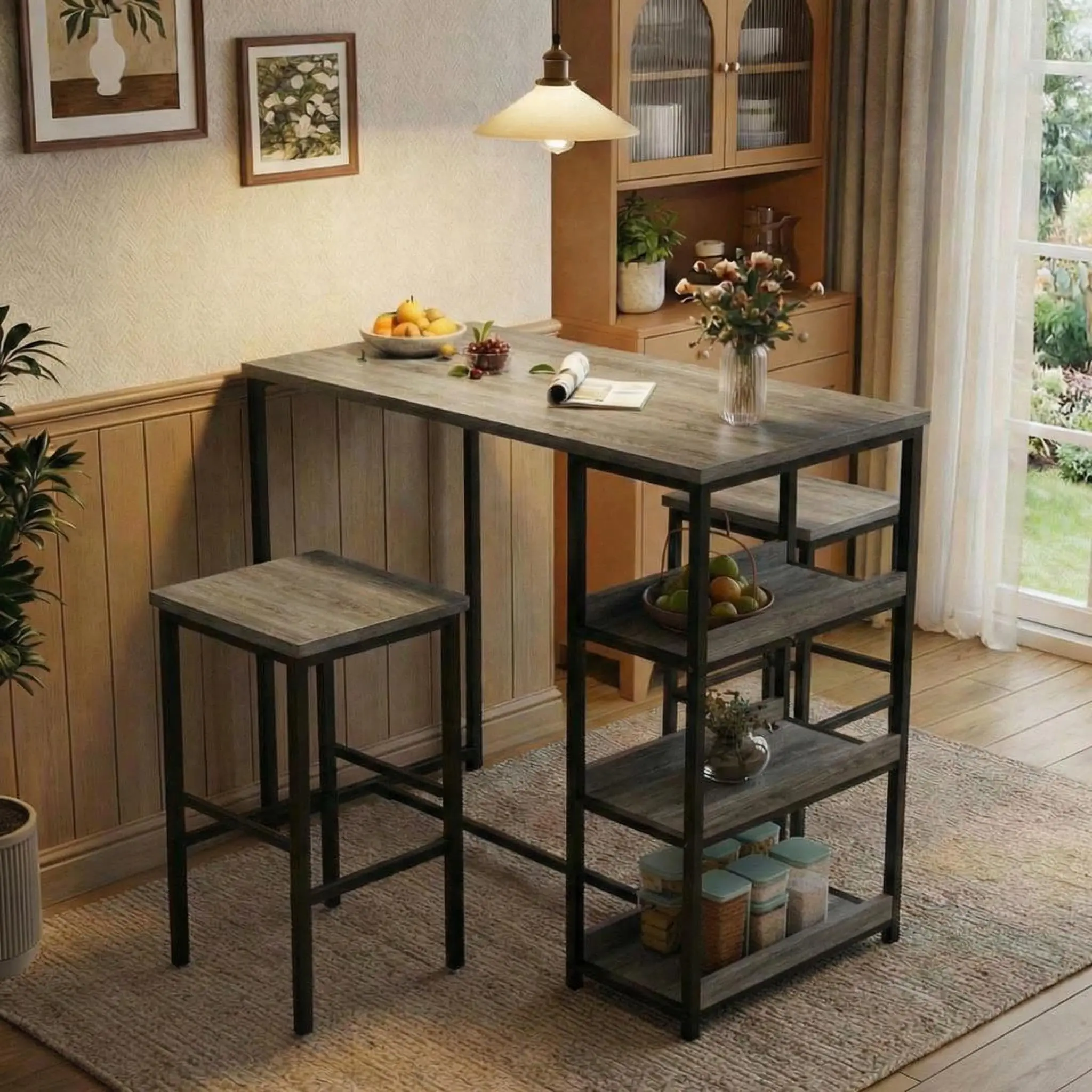 GARVEE Gray Iron-Wood 3-Piece Dining Room Table Set - Furniture Set with Storage Shelves, 2 Bar Stools, Bistro Furniture, Modern Dining Solution for Small Spaces, Apartment Decor Ideas