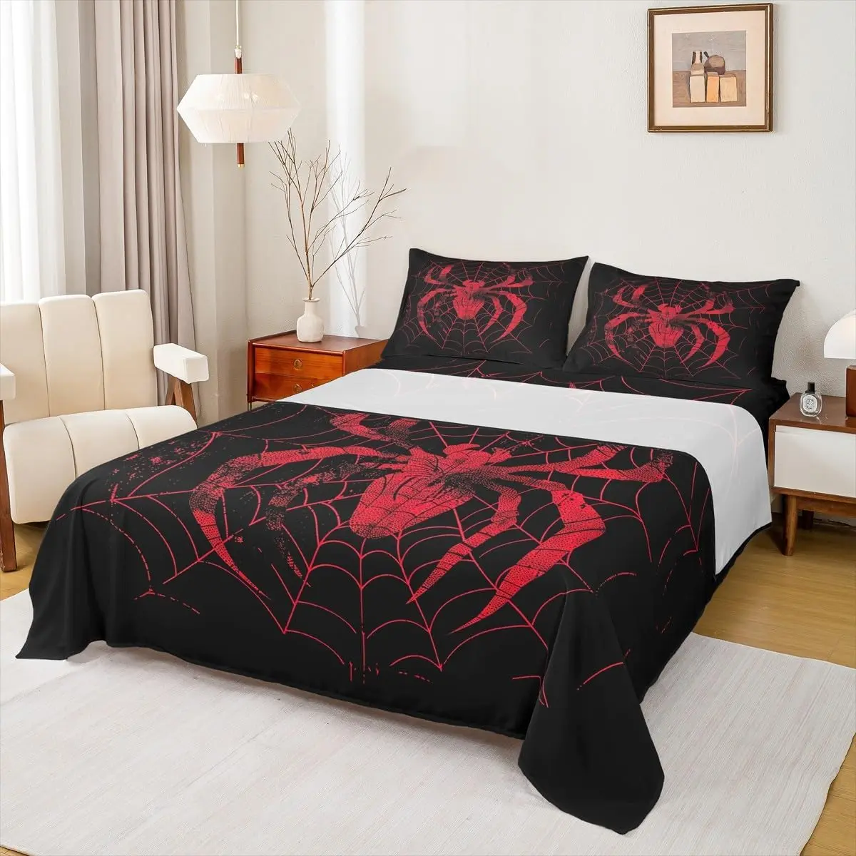 Spider Sheet Set,Red Spider Web Print Bedding Set,Gothic Arachnid Animals Halloween Theme Black Bed Sheet Set,Deep Pocket Fitted + Flat Sheet