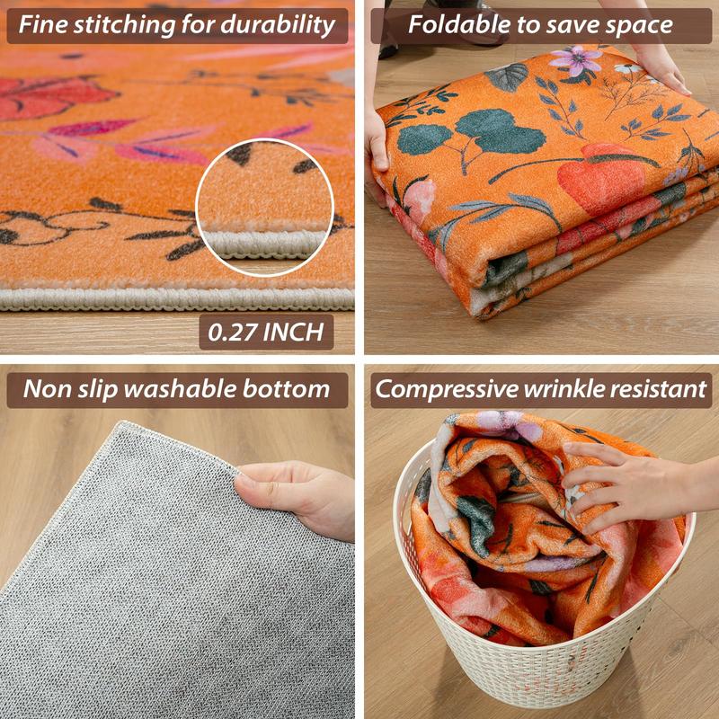 Floral Boho Imitation Cashmere Printed Area Rugs, Washable Machine, Non Slip Low Pile Vintage Large Carpet for Living Room, Bedroom, Farmhouse, Dining Room, Kids Playroom, Orange, Pink, Black, Green, Beige,2x3, 2x6, 4x6, 5x7, 6x9, 8x10, 9x12 Feet