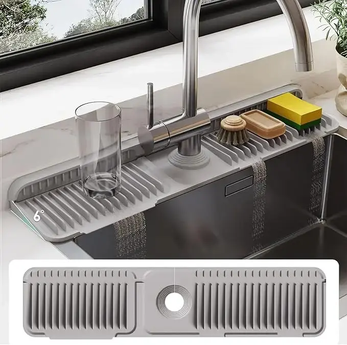 24-in Eco-Friendly Kitchen Silicone Sink Faucet Mat, Home Supplies Daily Splash Guard with Customizable Hole & Button for Quick Drying Efficient Drainage, Foldable, Dishwasher Safe, 18" x 5.5"