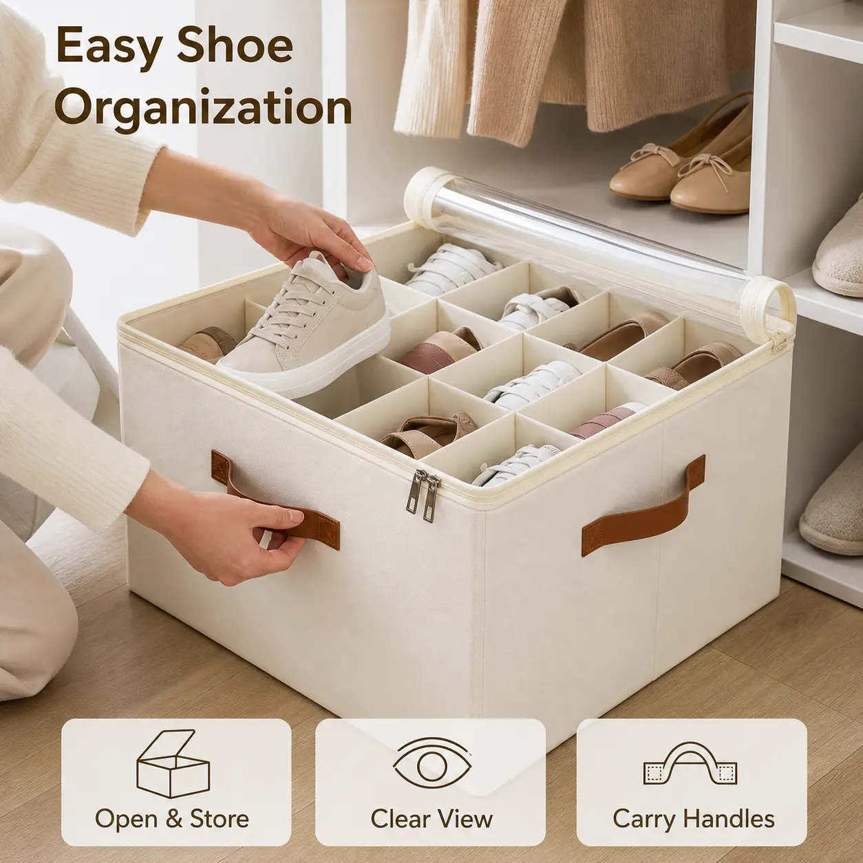Shoe Storage Organizer for Closet and Entryway, Foldable Fabric Box with Clear Dustproof Cover, 16 Adjustable Compartments, Reinforced Cardboard Structure and 3 Handles, Space-Saving Shoe Bin for Sneakers, Sandals, Flats, Loafers, Bedroom and Dorm Room