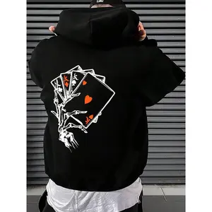 Men's Skeleton Hand & Playing Card Print Drop Shoulder Hoodie, Fashion Casual Regular Fit Drawstring Pocket Hooded Sweatshirt for Daily Holiday Outdoor Wear, Clothes for Spring & Fall Men's Hoodies