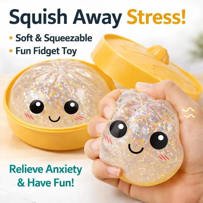New Iridescent Smiling Face Glitter Dumpling Squishy with Steamer Box, Soft Sensory Fidget Toy, Cute Steamed Bun Squeeze Stress Relief Toy for Adults & Kids, Anxiety Relief & Calming Hand Toy, Made of Flexible & Durable TPR Material