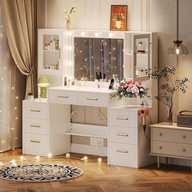58.3”Vanity Desk with Mirror and Lights & Charging Station,Bedroom Dressing Table,Large Vanity Set,8 Drawers and 2 Cabinets,Makeup Vanity Table with Charging Station, Without Stool