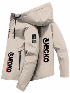 Men's Lightweight Polyester Fashion Hooded Jacket, Casual Athletic Jacket, Ecko Letter Print, Front Zipper, Casual Outdoor Spring Fall Summer Coat
