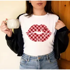 Red Gingham Lips Graphic Tee Women Cute Valentines Day Shirt Trendy Soft Cotton Short Sleeve Casual Crewneck Top For Date Night Weekend Streetwear
