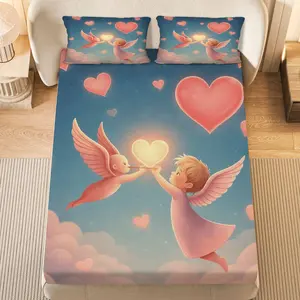 3Pcs Angel Heart Clouds Fitted Sheet Three Piece Set (1*Fitted Sheet+2*Pillowcases, Coreless), Valentine's Day theme, Romantic Dreamy Bedding Set, Mattress Protector Soft, Breathable