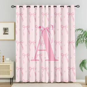 Pink Bow Print Privacy Grommet Curtains 2 Panels, Cute Heart and Monogram Letter Blackout Curtains for Girls Bedroom, Room Darkening Window Drapes, Kids Teen Room Decor Home Decor Gift