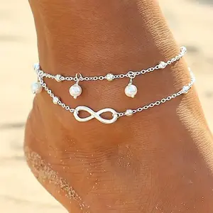 [ Anklets Bracelets ] Boho Gold/Silver Anklets Bracelets for Women Trendy, Infinity Layered Anklets Summer Beach Waterproof Jewelry Shining Dainty Beaded Chain Bracelets Gifts