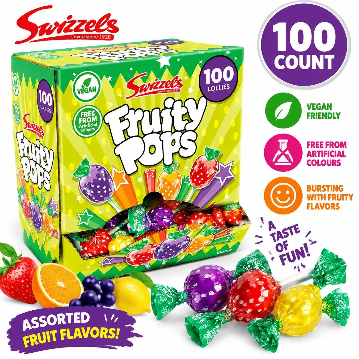 Swizzels UK Fruity Pops Assorted Fruit Lollipops 100ct Changemaker
